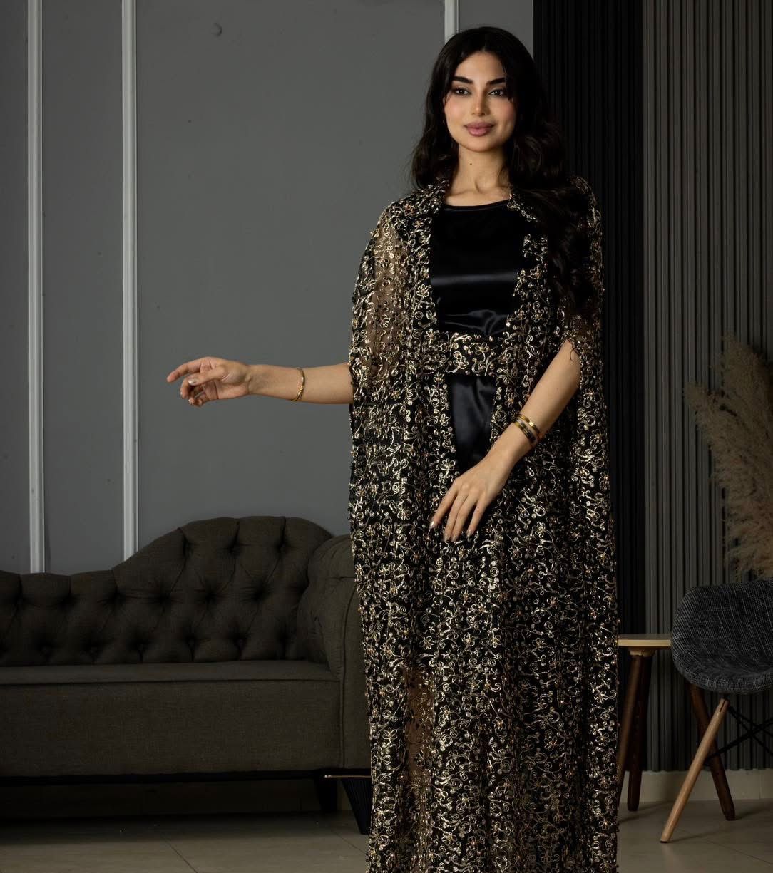 Black Cardigan With Black and Golden Pearls