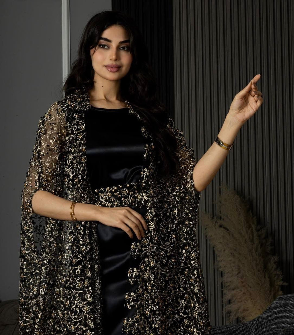 Black Cardigan With Black and Golden Pearls