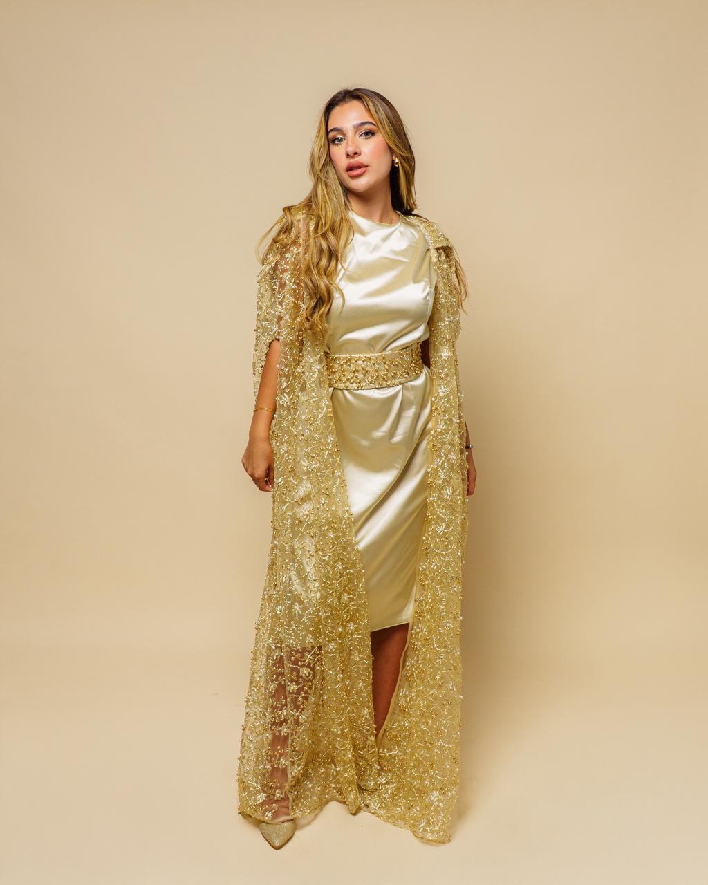 Golden Cardigan With Golden And White Pearls