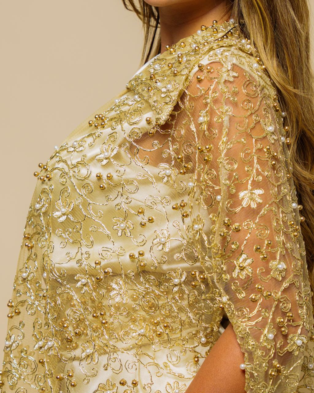 Golden Cardigan With Golden And White Pearls