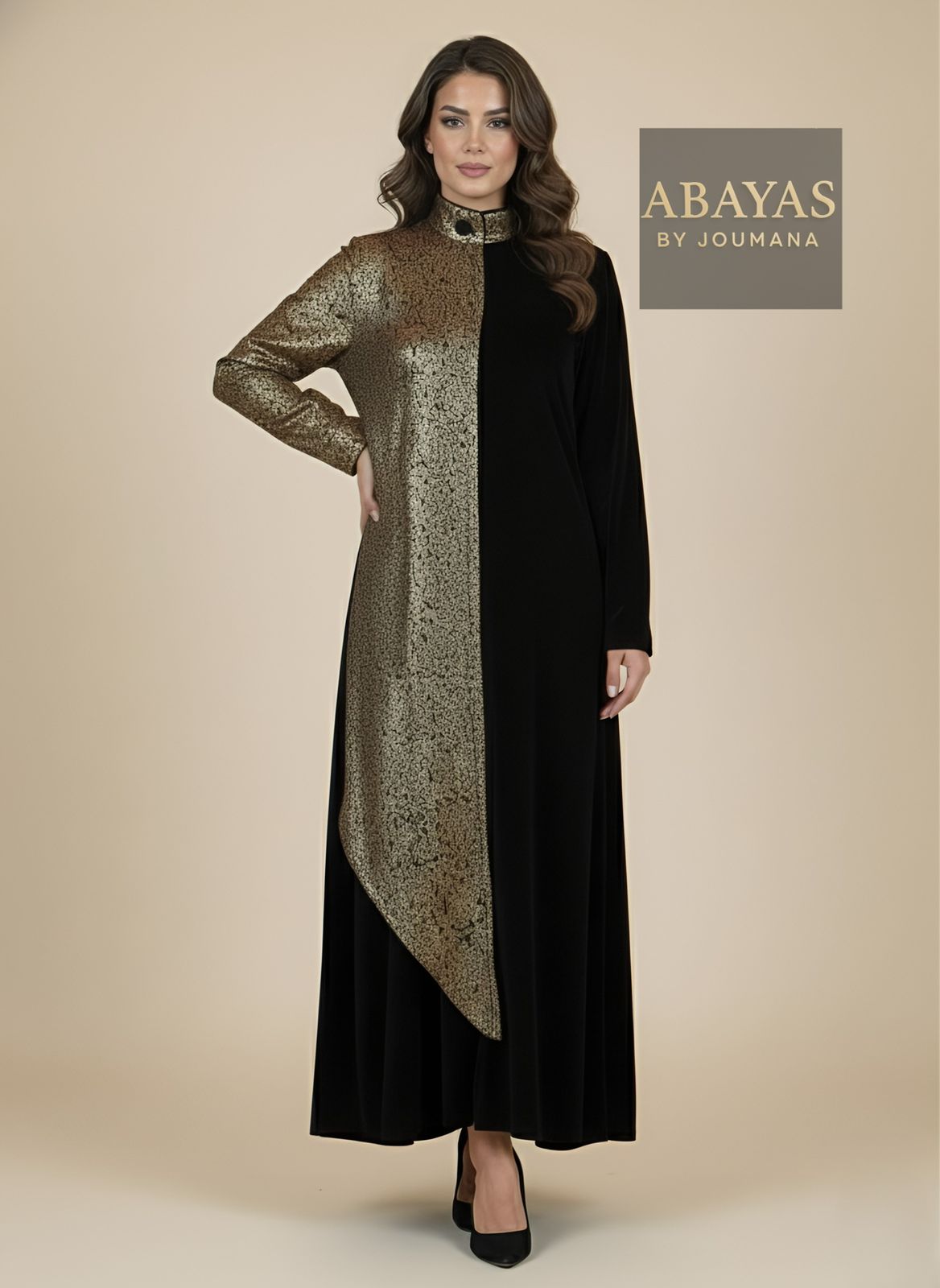 Black Velvet Jalabiya With Golden Jaqard