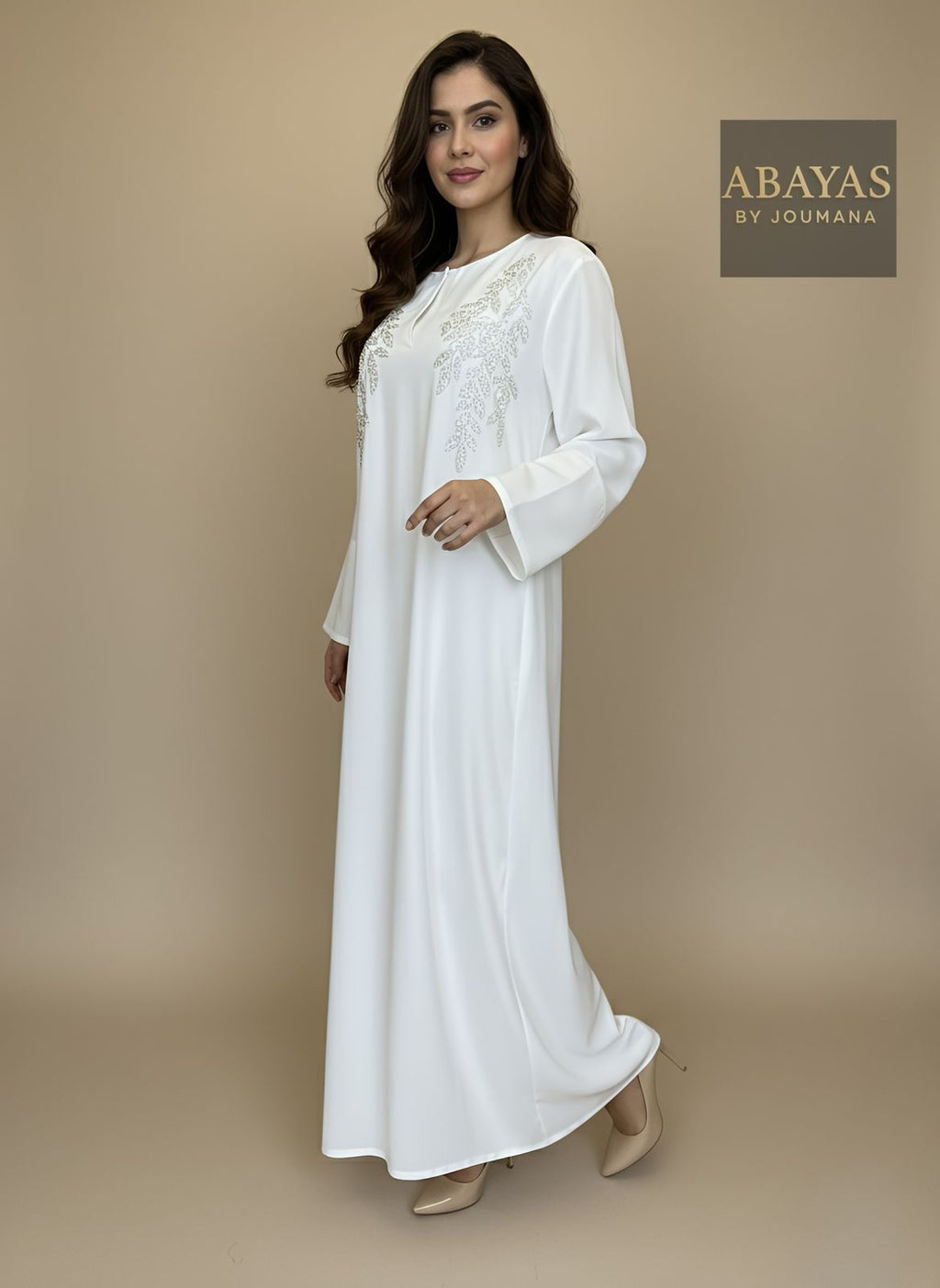 White Jalabiya With Crystal Embroidery