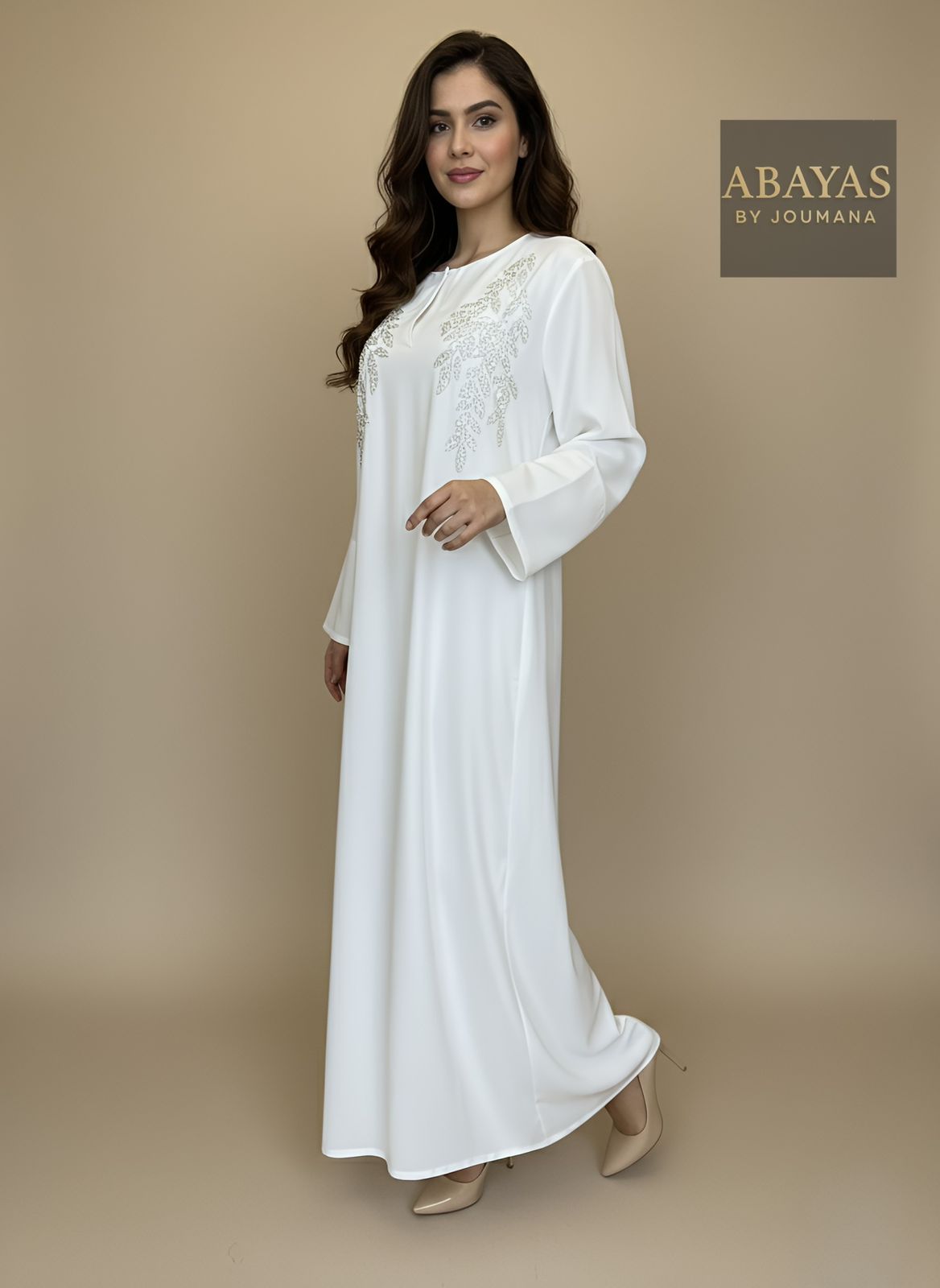 White Jalabiya With Crystal Embroidery