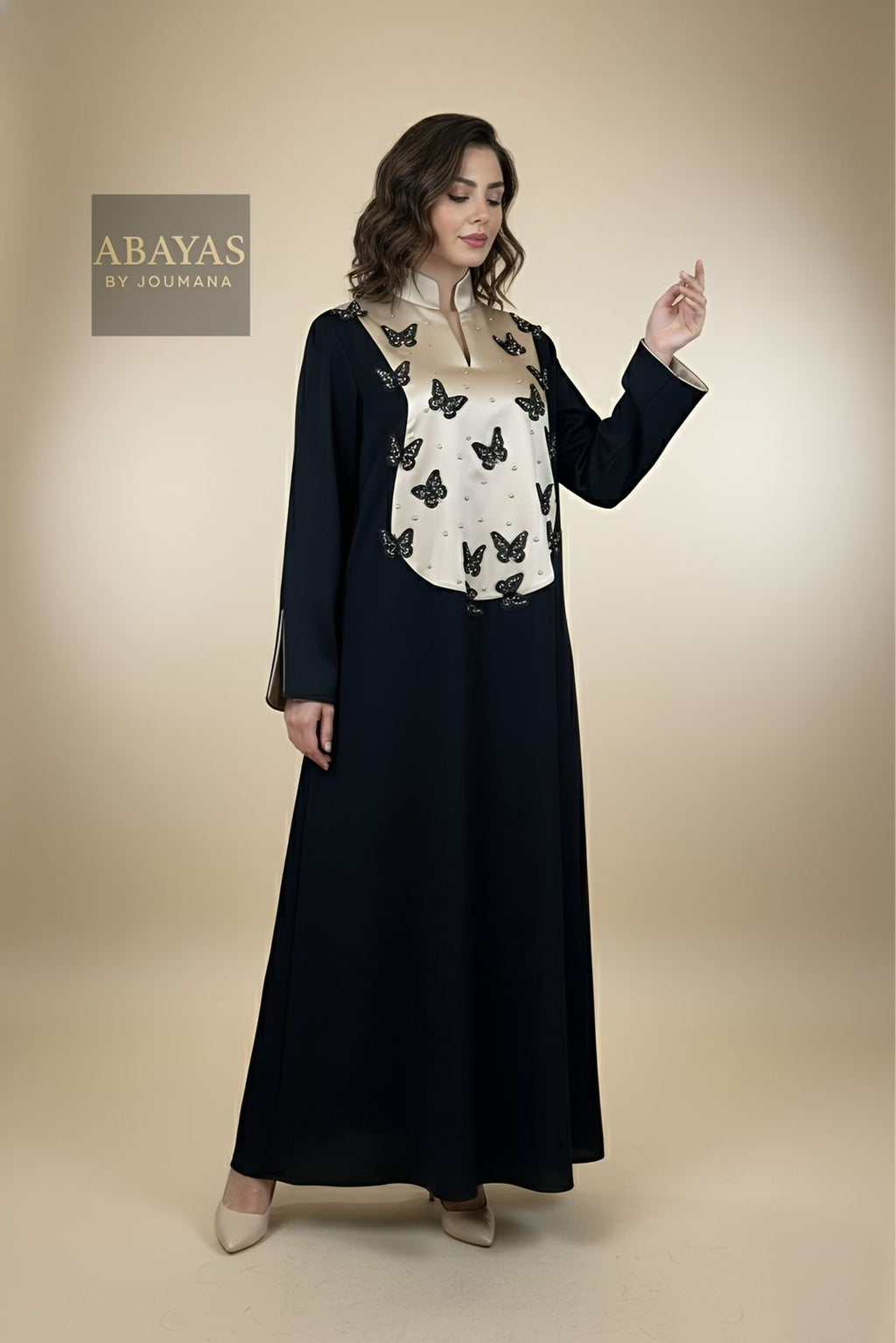 Black Golden Jalabiya With Embroidered Butterflies