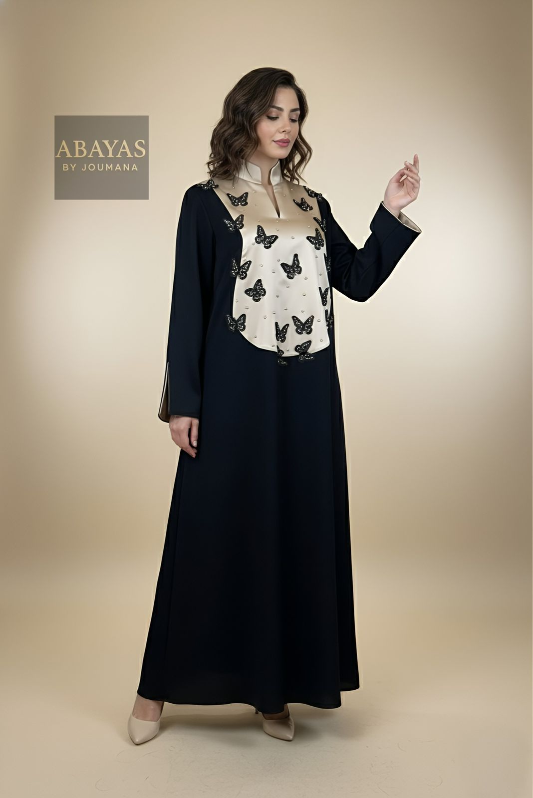 Black Golden Jalabiya With Embroidered Butterflies