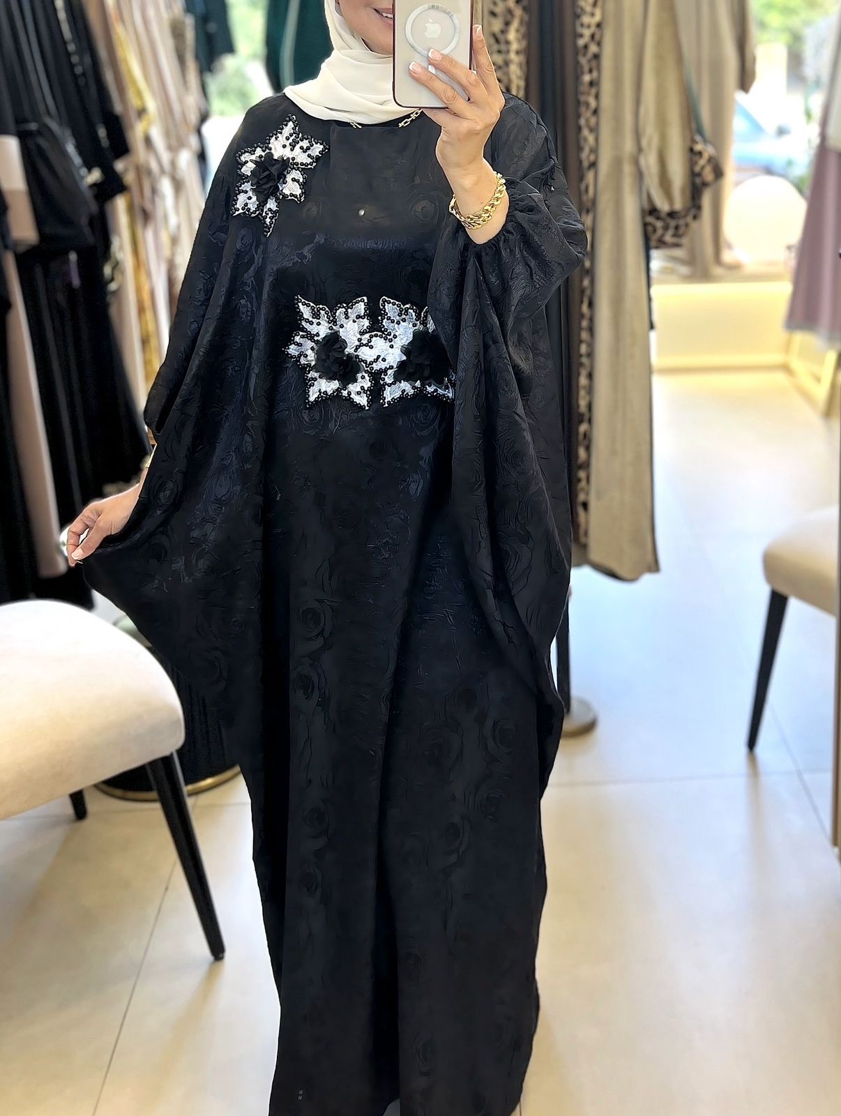 One Size Black Jalabiya With White Flowers