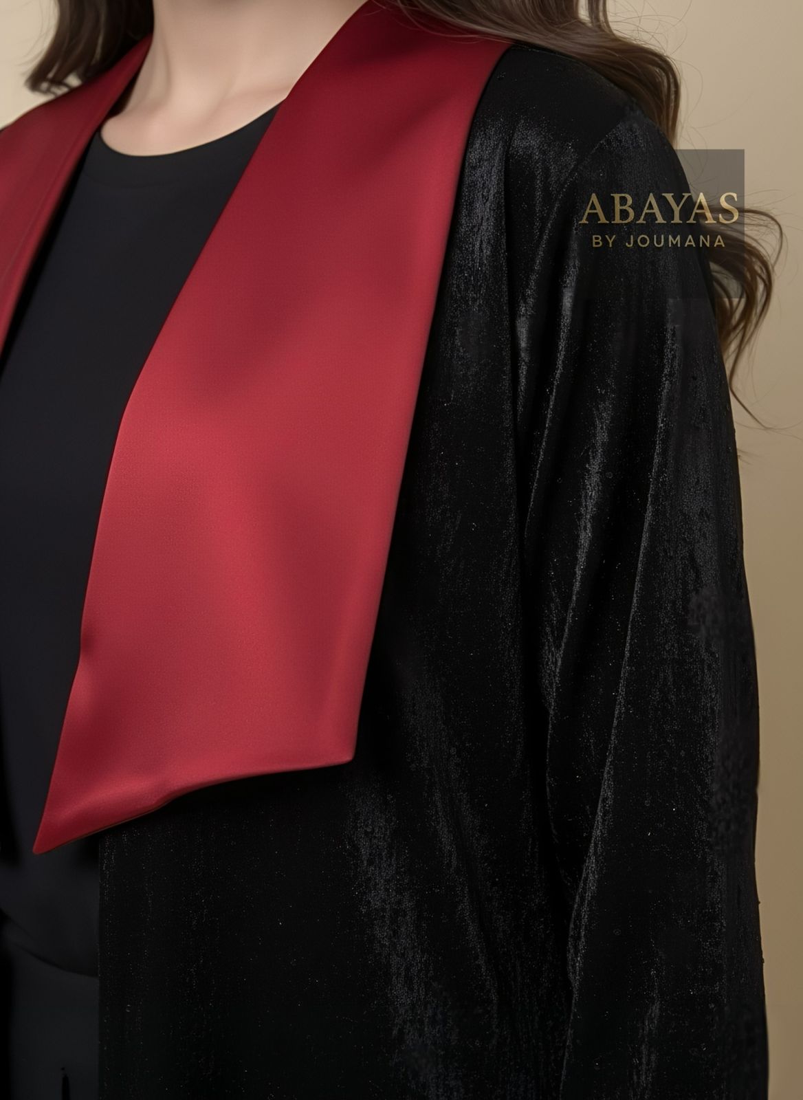 Black Crushed Velvet Abaya With Rectangular Collar (Burgundy)