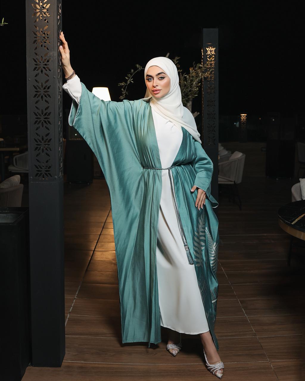 Teal Green Abaya With Flowers Pattern