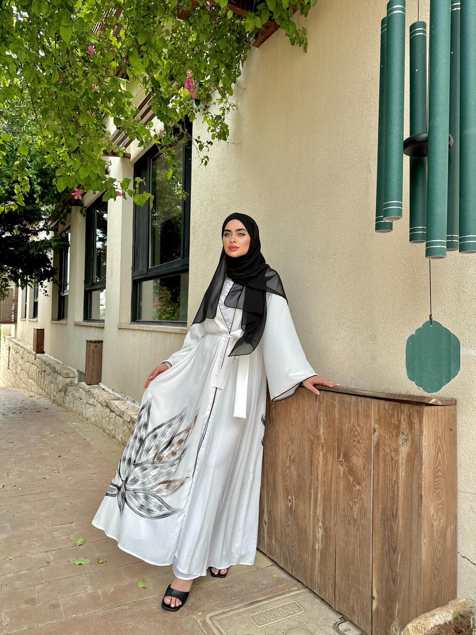White Abaya With Flowers Pattern