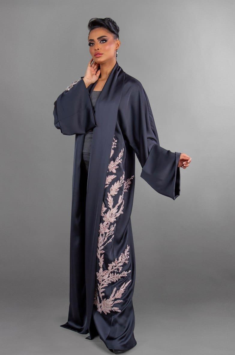 Black Abaya With Heavy Pink Embroidery