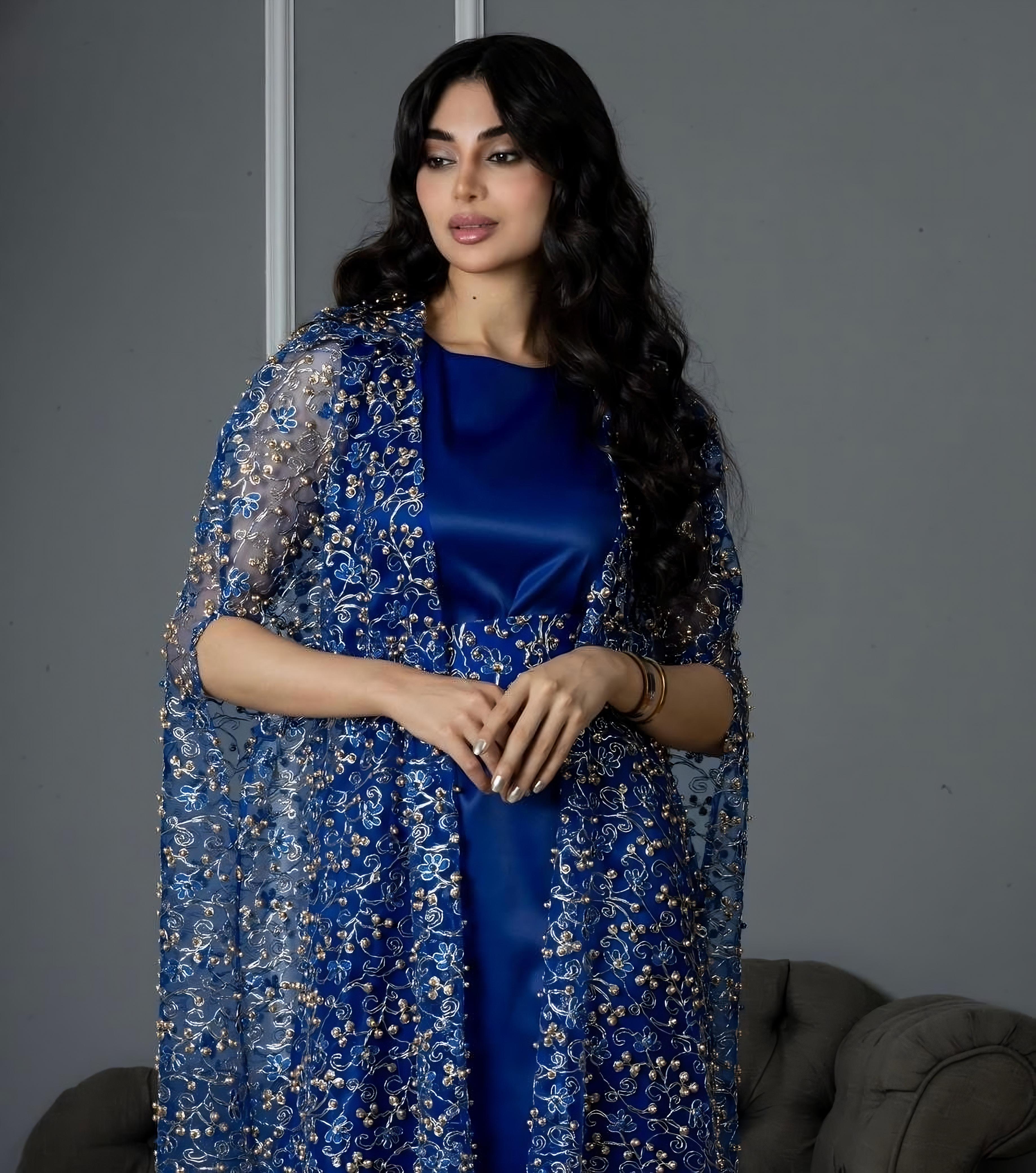 Blue Cape With Embroidered Pearls