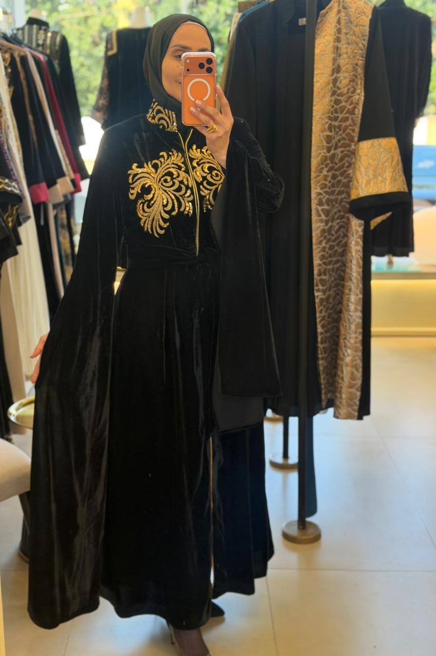 Long Sleeve Black Jalabiya With Golden Embroidery