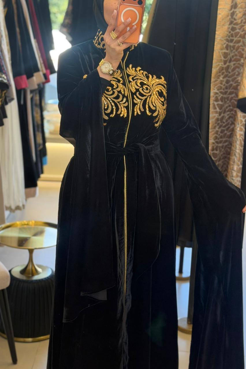 Long Sleeve Black Jalabiya With Golden Embroidery